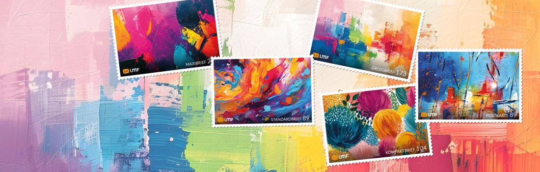Abstrakte Farbflächen der neuen KUNST Dauerserie von LMF‑Postservice auf selbstklebender Briefmarke